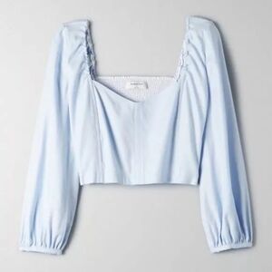 Aritzia Babaton Hadwyn Cropped Linen Blend Puff Sleeve Blouse Baby Blue Small